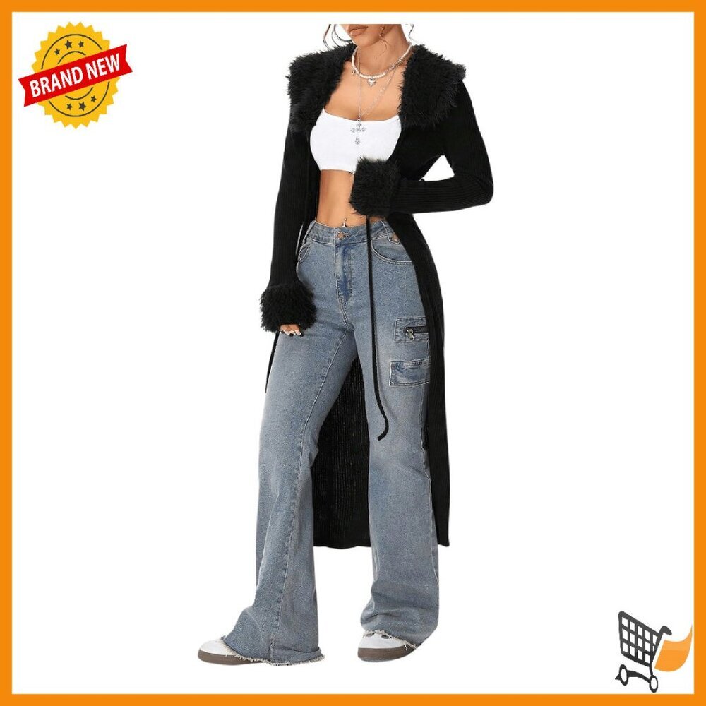 Long Cardigan Fuzzy Open Front Tie-Up Knitted Sweater Coat
